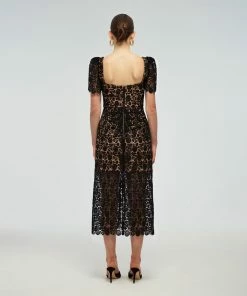 Self-portrait Black Guipure Fitted Midi Dress
