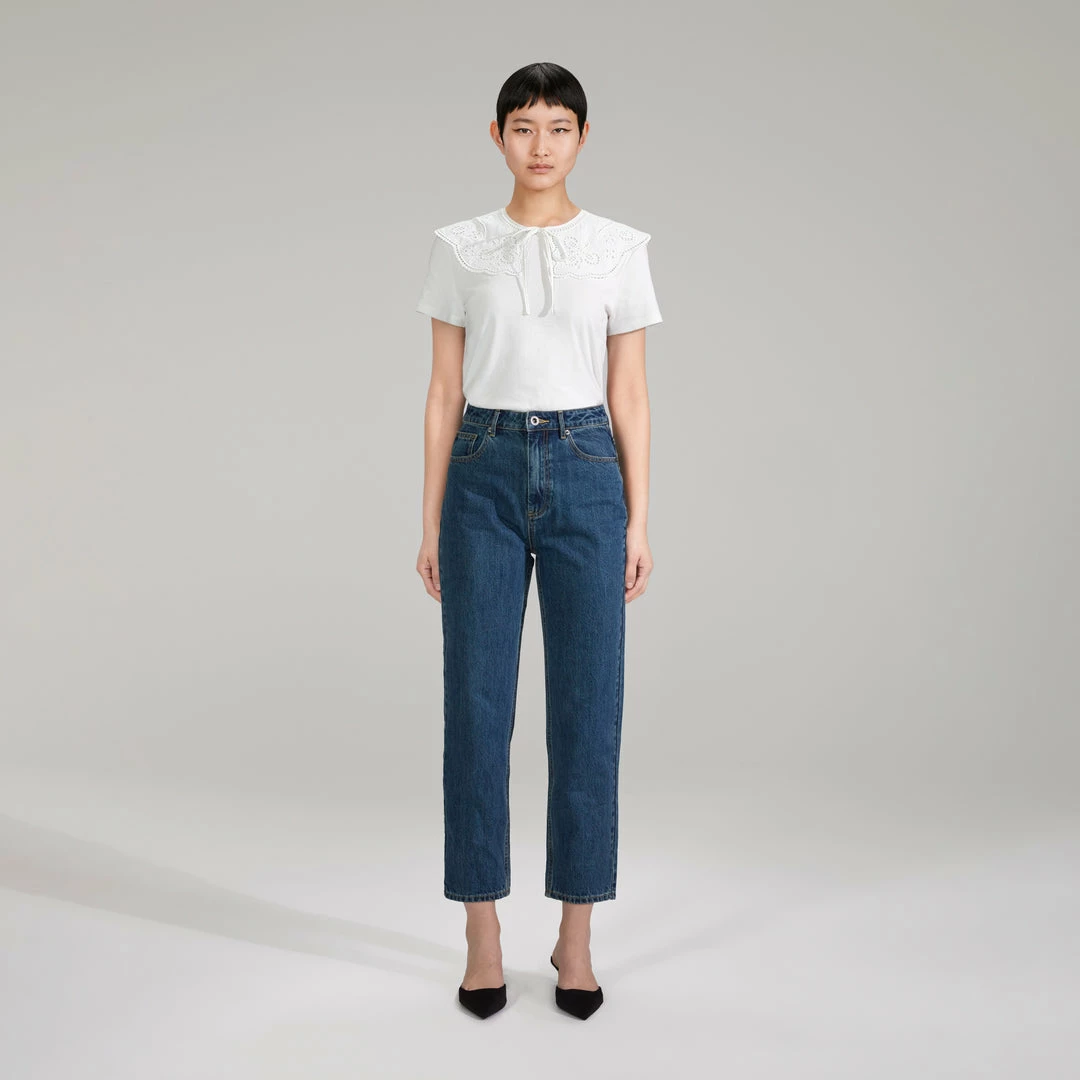 Self-portrait NEW ARRIVALS White Broderie Collar Jersey T Shirt