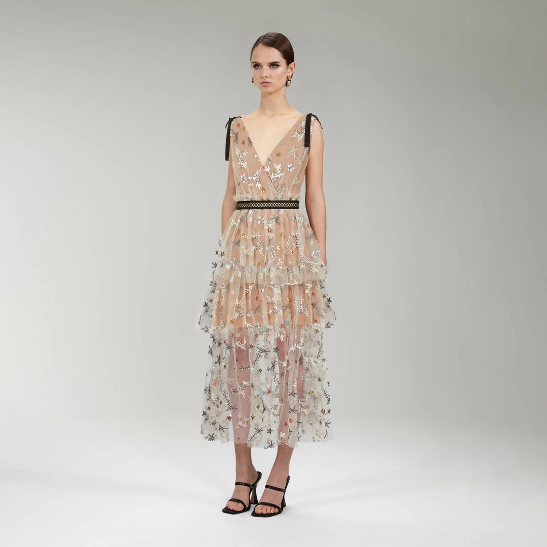 Self-portrait READY TO WEAR Star Mesh Midi Dress