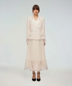 Self-portrait Cream Tailored Boucle And Chiffon Midi Dress NEW ARRIVALS