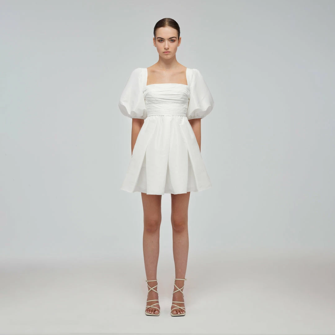 Self-portrait White Taffeta Puff Sleeve Mini Dress