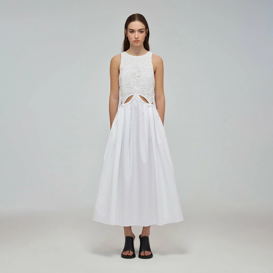 Self-portrait READY TO WEAR White Organic Cotton Cut Out Midi Dress