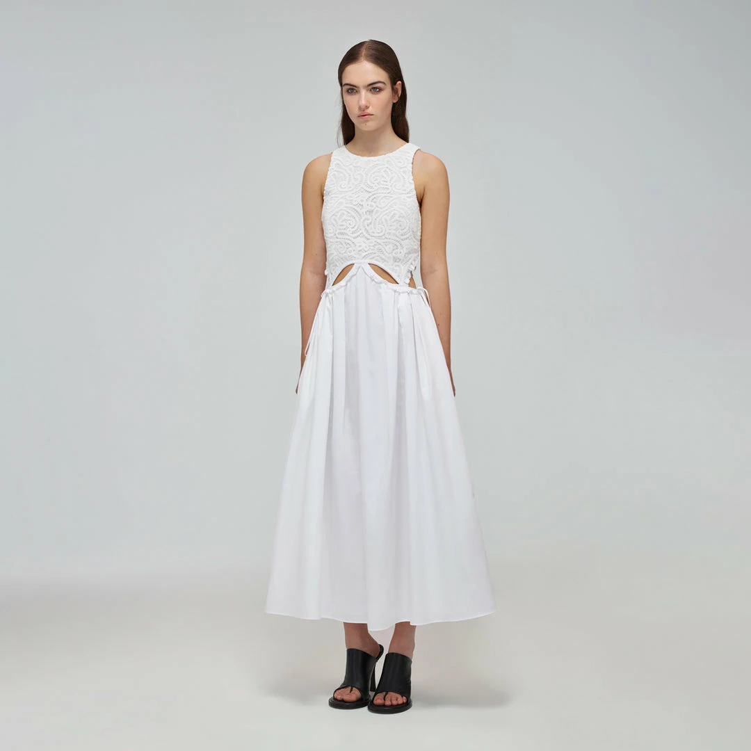 Self-portrait READY TO WEAR White Organic Cotton Cut Out Midi Dress