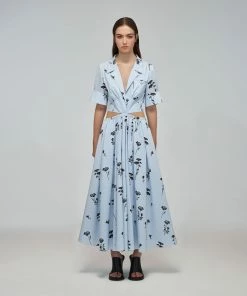 Self-portrait Blue Floral Silhouette Organic Cotton Midi Dress