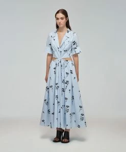 Self-portrait Blue Floral Silhouette Organic Cotton Midi Dress