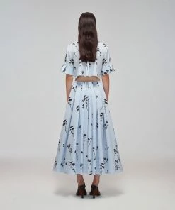 Self-portrait Blue Floral Silhouette Organic Cotton Midi Dress