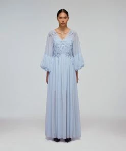 Self-portrait Blue Macrame Lace Chiffon Maxi Dress