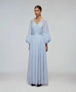 Self-portrait Blue Macrame Lace Chiffon Maxi Dress