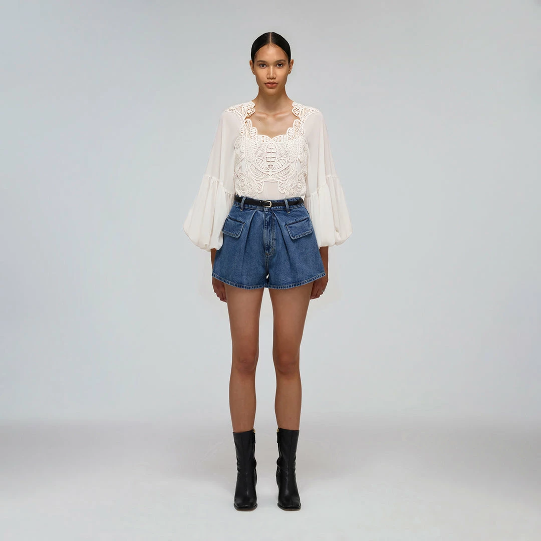 Self-portrait White Macrame Lace Chiffon Blouse READY TO WEAR