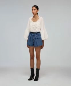 Self-portrait White Macrame Lace Chiffon Blouse READY TO WEAR