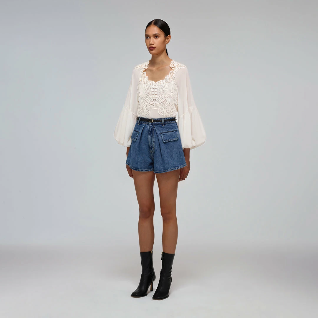 Self-portrait White Macrame Lace Chiffon Blouse READY TO WEAR