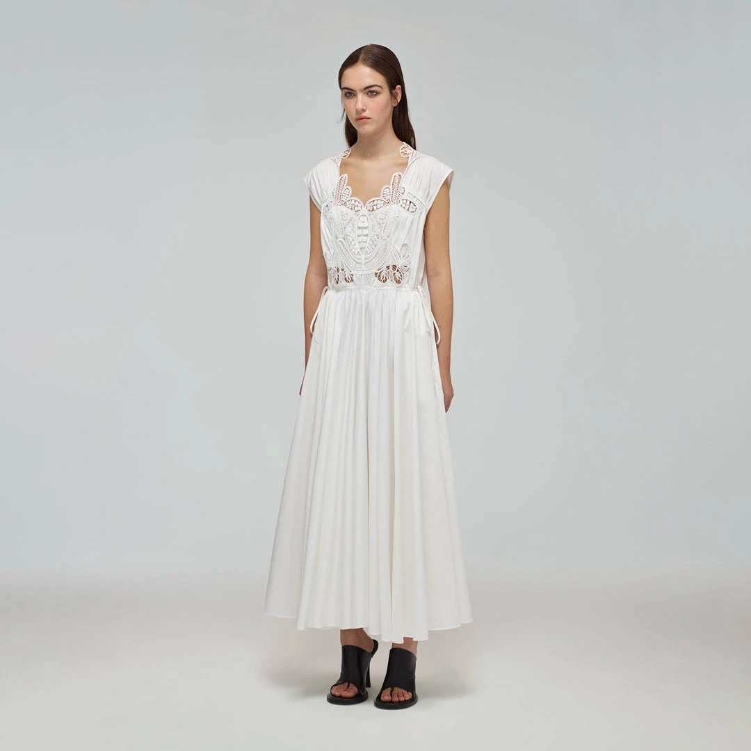 Self-portrait READY TO WEAR White Macrame Lace Organic Cotton Midi Dress