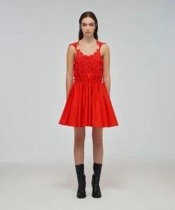 Self-portrait Red Macrame Lace Organic Cotton Mini Dress READY TO WEAR