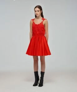 Self-portrait Red Macrame Lace Organic Cotton Mini Dress READY TO WEAR