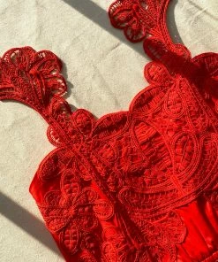 Self-portrait Red Macrame Lace Organic Cotton Mini Dress READY TO WEAR