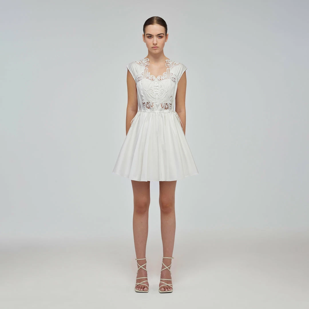 Self-portrait White Macrame Lace Organic Cotton Mini Dress