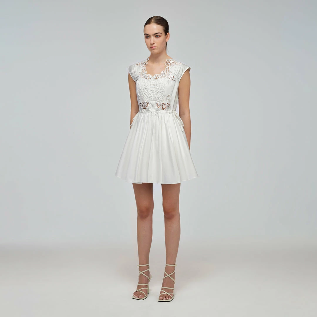 Self-portrait White Macrame Lace Organic Cotton Mini Dress