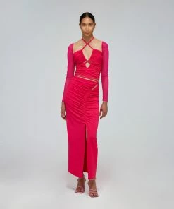 Self-portrait Fuchsia Jersey Gathered Midi Skirt READY TO WEAR