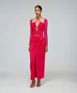 Self-portrait Fuchsia Jersey Gathered Midi Skirt READY TO WEAR