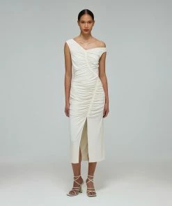Self-portrait Ivory Jersey Gathered Asymmetric Midi Dress