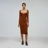 Self-portrait READY TO WEAR Caramel Shirred Power Mesh Midi Dress