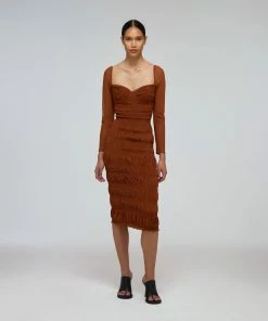 Self-portrait READY TO WEAR Caramel Shirred Power Mesh Midi Dress