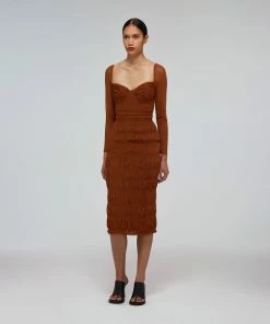 Self-portrait READY TO WEAR Caramel Shirred Power Mesh Midi Dress