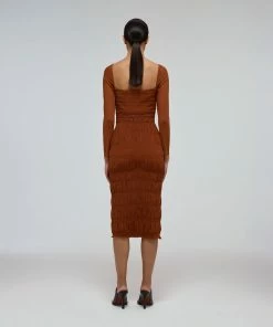 Self-portrait READY TO WEAR Caramel Shirred Power Mesh Midi Dress