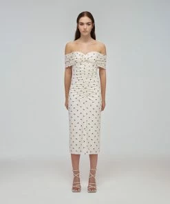 Self-portrait Ivory Polka Print Jersey Off-Shoulder Midi Dress READY TO WEAR