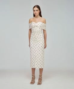 Self-portrait Ivory Polka Print Jersey Off-Shoulder Midi Dress READY TO WEAR