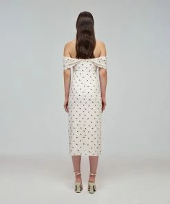Self-portrait Ivory Polka Print Jersey Off-Shoulder Midi Dress READY TO WEAR