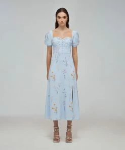 Self-portrait READY TO WEAR Blue Floral Watercolour Stretch Crepe Midi Dress