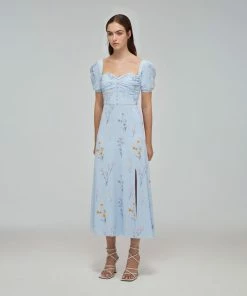 Self-portrait READY TO WEAR Blue Floral Watercolour Stretch Crepe Midi Dress
