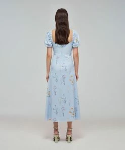 Self-portrait READY TO WEAR Blue Floral Watercolour Stretch Crepe Midi Dress
