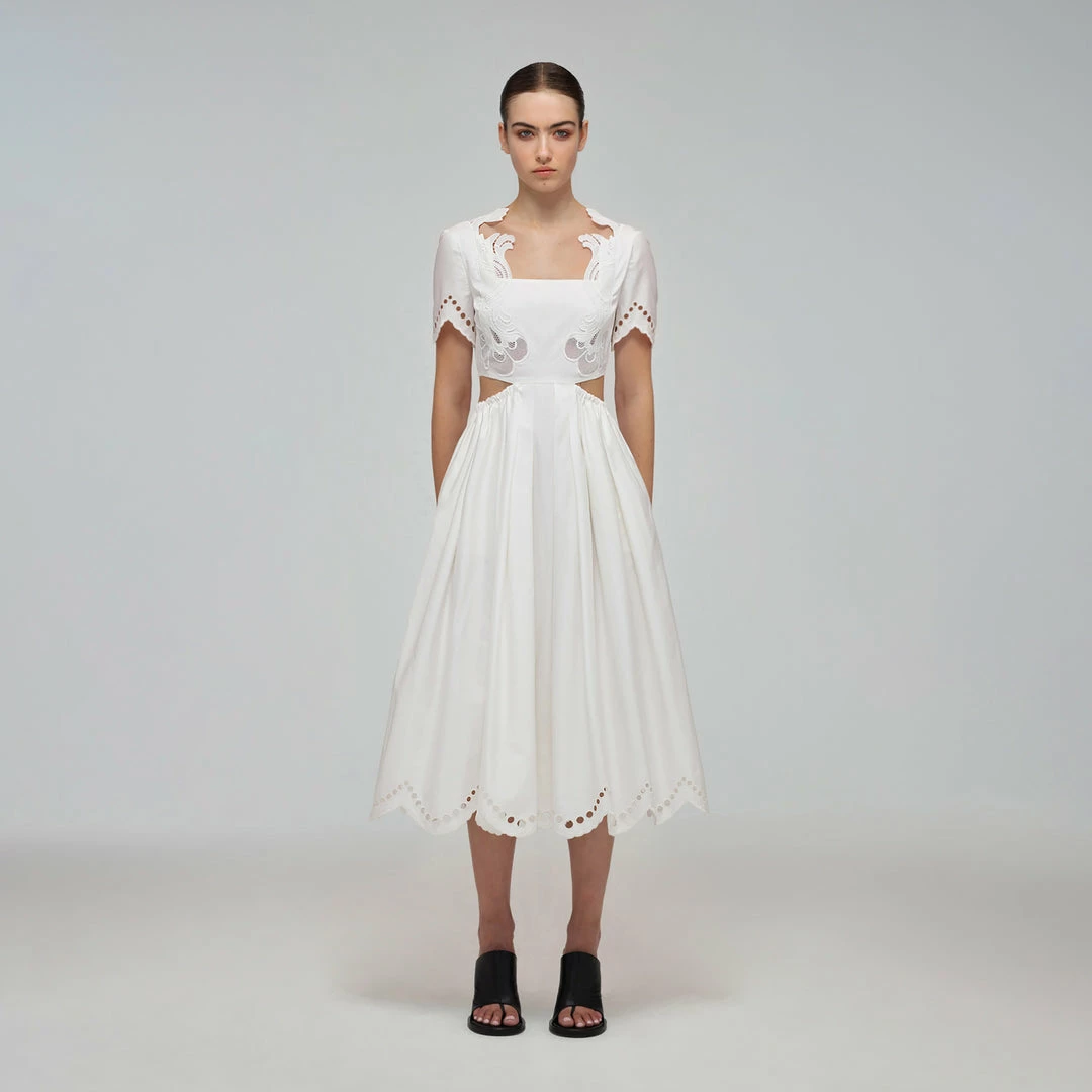 Self-portrait White Broderie Scallop Organic Cotton Midi Dress