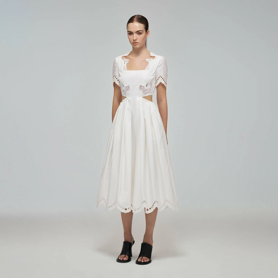 Self-portrait White Broderie Scallop Organic Cotton Midi Dress