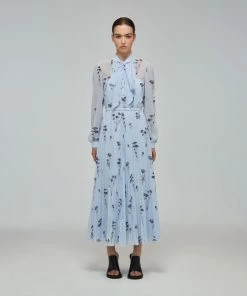 Self-portrait Blue Floral Silhouette Chiffon Midi Dress READY TO WEAR
