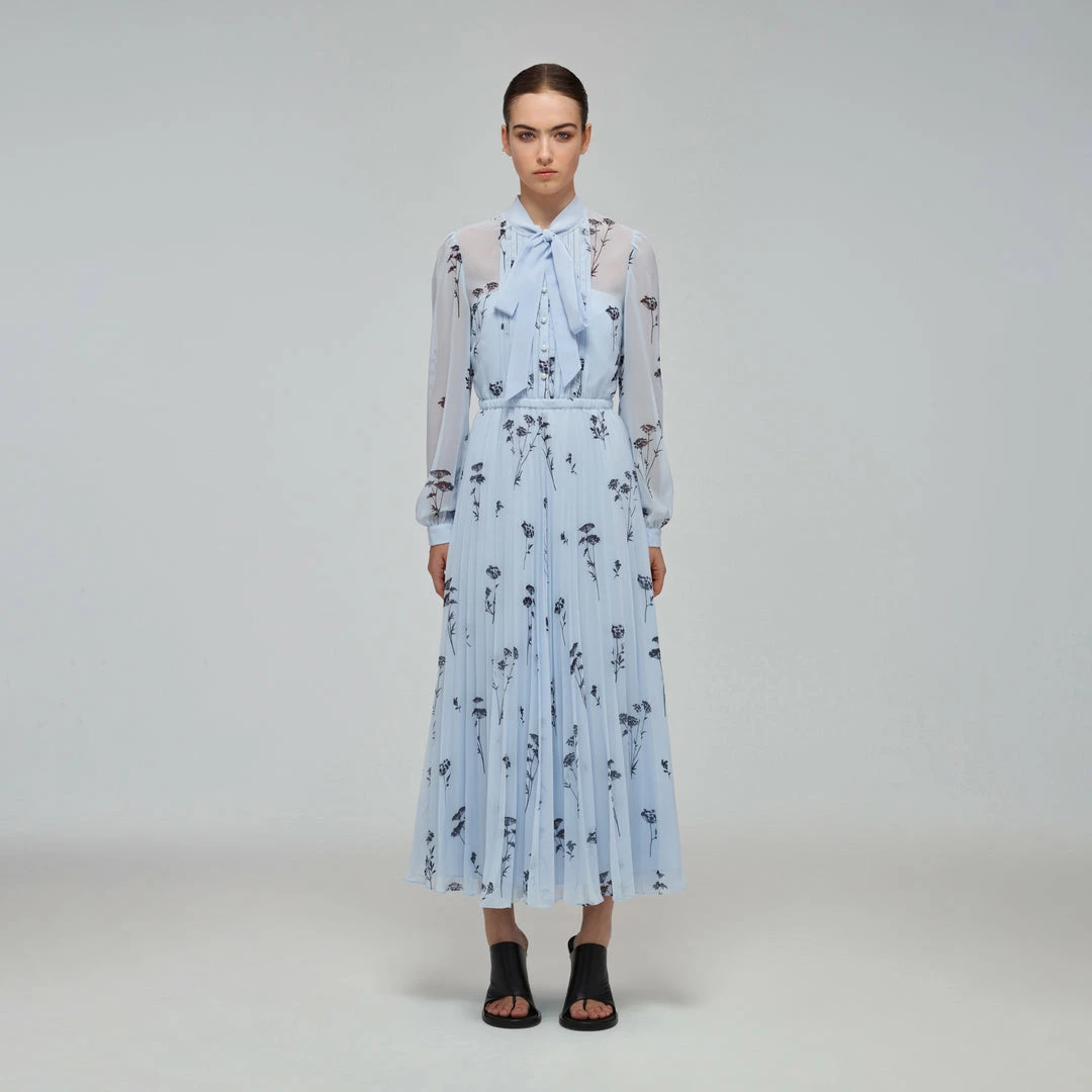 Self-portrait Blue Floral Silhouette Chiffon Midi Dress READY TO WEAR