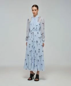 Self-portrait Blue Floral Silhouette Chiffon Midi Dress READY TO WEAR