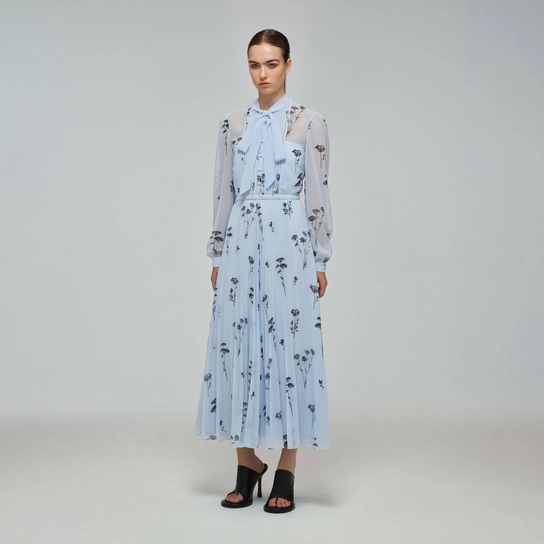 Self-portrait Blue Floral Silhouette Chiffon Midi Dress READY TO WEAR