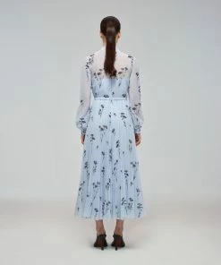 Self-portrait Blue Floral Silhouette Chiffon Midi Dress READY TO WEAR