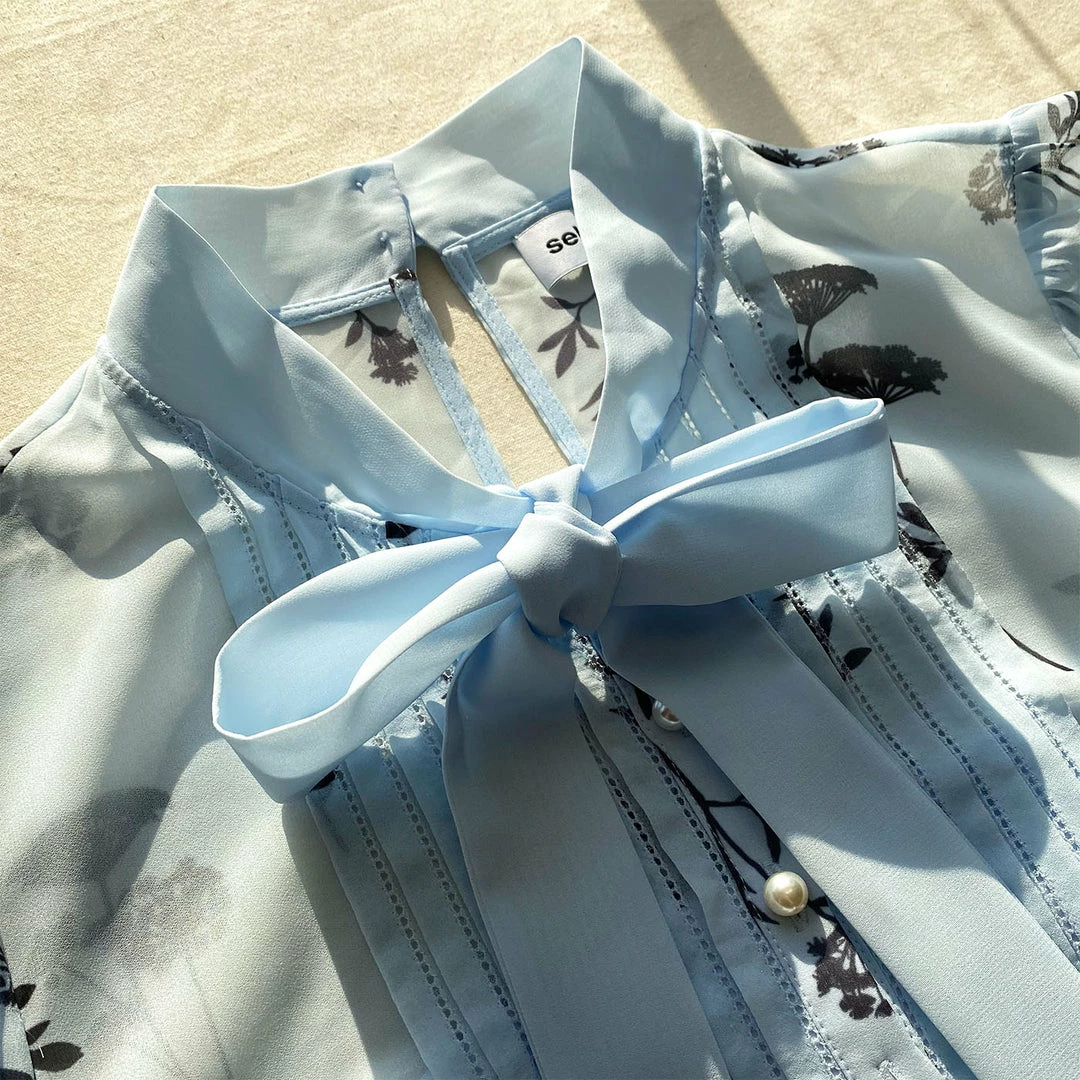 Self-portrait Blue Floral Silhouette Chiffon Midi Dress READY TO WEAR