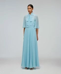 Self-portrait READY TO WEAR Tropical Blue Chiffon Maxi Dress