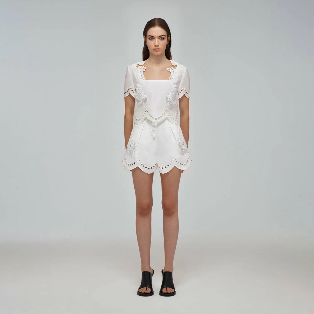 Self-portrait READY TO WEAR White Broderie Scallop Organic Cotton Top