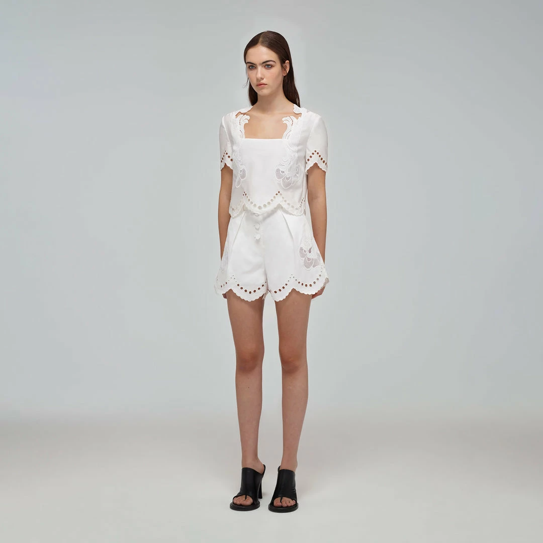 Self-portrait READY TO WEAR White Broderie Scallop Organic Cotton Top