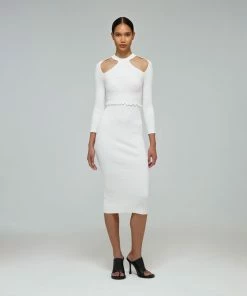 Self-portrait White Knit Scallop Edge Midi Dress