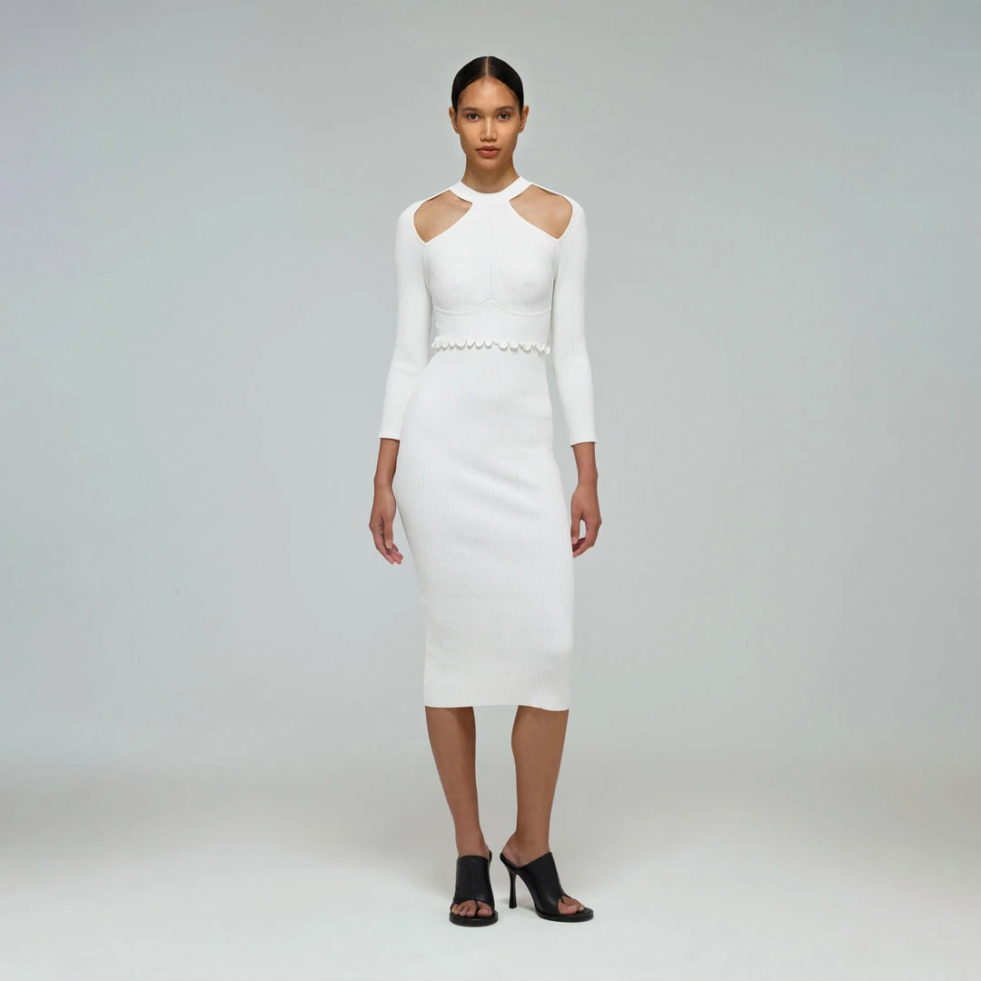 Self-portrait White Knit Scallop Edge Midi Dress
