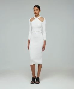 Self-portrait White Knit Scallop Edge Midi Dress