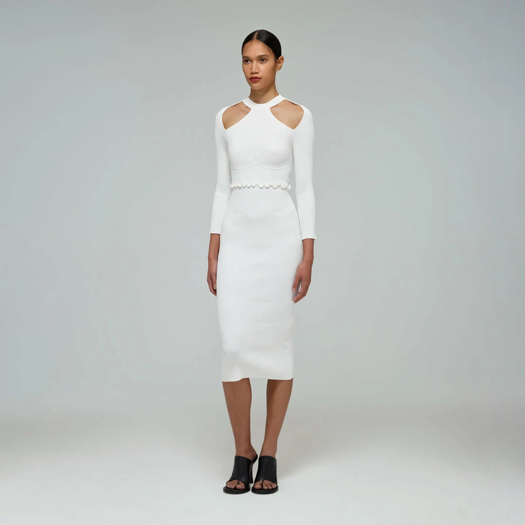 Self-portrait White Knit Scallop Edge Midi Dress
