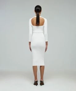 Self-portrait White Knit Scallop Edge Midi Dress